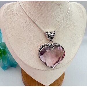925 Sterling Silver Rose Quartz Heart Necklace Pendant Gemstone Womens Jewelry